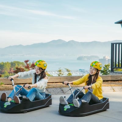Two friends Luge down the tracks with sweeping ocean views behind.